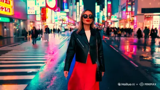 一位时尚的女人走在东京的街道上，街道上到处都是温暖的发光霓虹灯和动画城市标志。她身穿黑色皮夹克，红色长裙，黑色靴子，背着一个黑色钱包。她戴着墨镜，涂着红色口红。她自信而随意地走路。街道潮湿而反光，营造出五颜六色的灯光的镜面效果。许多行人四处走动。 by Hailuo AI Video Generator