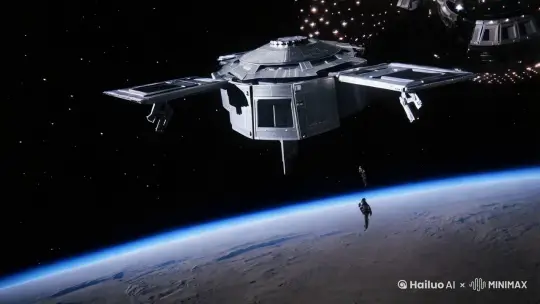 场景3：侦察兵所在位置的临空卫星接收到空天站的支援指令后，立刻发射机器狗导弹支援； by Hailuo AI Video Generator