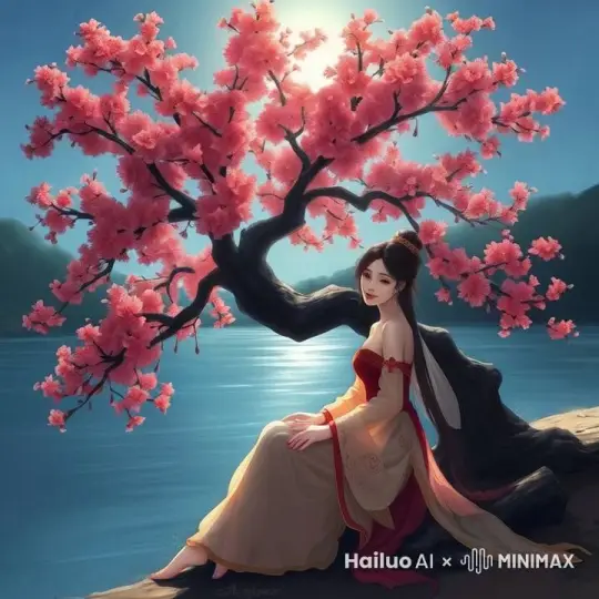 树叶花瓣飘落，河水有流动迹象，仙女衣服纷飞 by Hailuo AI Video Generator