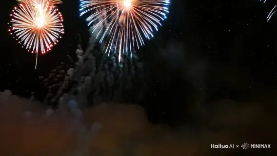 主要表现物：灿烂绽放的烟花、“2025”的字样场景空间：浩瀚的夜空运动/变化：烟花不断绽放，“2025”的字样逐渐清晰镜头运动：镜头先缓缓上升，展现整个夜空，然后向左平移，聚焦到绽放的烟花和清晰的“2025”字样美感氛围：画面色彩绚烂，充满喜庆与希望的氛围  by Hailuo AI Video Generator