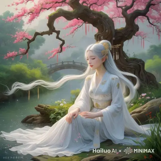 1. 画面中飘落着星星点点的落花
2. 河水缓慢流动
3. 仙女的衣服、发丝有轻微飘扬
4. 仙女缓慢转头，正面朝向，眼睛缓慢睁开 by Hailuo AI Video Generator