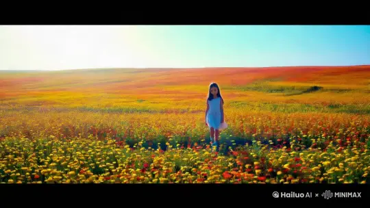 全景展示首先，以广阔的全景视角呈现整个场景。在一片绚丽缤纷的花田之中，阳光如金色的纱幔轻柔地洒落。少女从遥远的地平线处，踏着轻盈的步伐缓缓走来，周围的花朵随风摇曳生姿，共同为画面营造出如梦如幻的浪漫氛围。如此开场，让观众能对整体环境及人物有一个清晰而美好的初步印象。
中景推进紧接着，随着少女逐渐靠近，镜头自然地切换至中景。此时，重点突出少女优雅的身姿和轻盈的步伐。她身着一袭淡雅清新的连衣裙，裙摆随风轻轻飘动，步伐既轻盈又略带羞涩。她的双手微微握拳，自然地垂放在身体两侧，细腻地展现出少女内心的娇羞与期待，让观众能更真切地感受到她的情感波动。 
 近景特写当少女走到距离较近的位置时，镜头迅速切换为近景甚至特写。精准聚焦在她那精致动人的面部。她的眼神中饱含着深情与温柔，如秋水般清澈动人，嘴角微微上扬，勾勒出一抹甜蜜而羞涩的笑意。每一个细微的眼神变化和面部肌肉的颤动，似乎都在诉说着内心深处的千言万语，将少女复杂而细腻的情感世界毫无保留地展现出来，使观众能够深刻地感受到她那炽热而真挚的爱意。 
光影运用巧妙而精心地运用光影效果，能够极大地增强画面的表现力和艺术感染力。比如，让少女从逆光或侧逆光的方向走来，温暖的阳光犹如神奇的画笔，勾勒出她曼妙的轮廓，使其仿佛置身于璀璨的光晕之中，营造出一种如梦似幻、美轮美奂的视觉效果。同时，这也为她增添了一份神秘而迷人的气质，进一步吸引观众的目光，使其沉浸在这美妙的画面之中。 
慢动作处理通过采用慢动作拍摄少女走来的过程，能够巧妙地延长这一美好而珍贵的瞬间。让观众有足够的时间和空间去更清晰地捕捉少女的每一个细微表情、每一个优雅动作，进一步强化情感的传递与共鸣。这种独特的处理方式，使得整个画面更具感染力和戏剧性，仿佛时间在这一刻为爱情而停留。 by Hailuo AI Video Generator