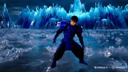 I冰河的 “钻石星辰拳”：在寒冷的冰原上，冰河屹立其中。周围的冰块闪烁着冷光，随着他出拳，无数冰晶迅速凝结，特效光芒如同璀璨的星辰汇聚在他的拳头上，随后化作漫天的冰刺射向远方。高清画质、人物写真效果，特效炫酷，8K，人物表情和动作丰富，丝滑顺畅 by Hailuo AI Video Generator