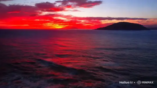 红色晚霞映红天空  映红了海面   随着波浪摇晃  天空中云拂过远处的海岛   广角镜头拍摄   暖色氛围
 by Hailuo AI Video Generator