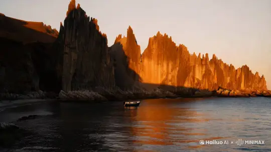 The rugged, unforgiving coastline stretched out, a jagged wound against the pale sky. The late afternoon sun, a dying ember, cast long, skeletal shadows from the imposing cliffs that loomed like silent sentinels. Below, a small, unassuming boat bobbed near the shore, its presence a stark contrast to the isolated grandeur of the landscape. The water, reflecting the fading light, shimmered with a deceptive golden glow, a false promise of tranquility in this desolate and potentially ominous setting. One could almost feel the chill in the air, the sense of isolation, and the unsettling feeling that something wicked, something inevitable, was about to unfold. by Hailuo AI Video Generator