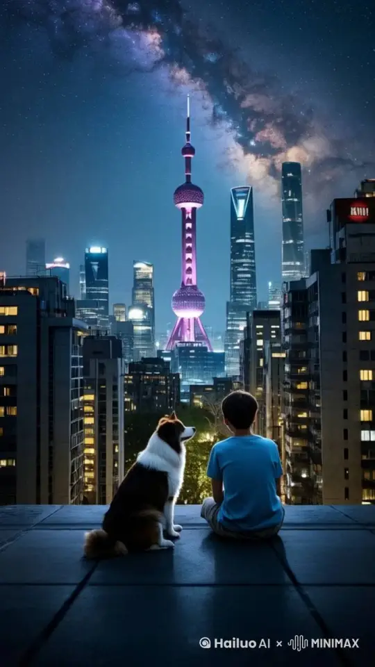 夜色天空上方突然迸发出许多绚丽夺目非常耀眼的烟花，霎时间天空被烟火照亮，营造出一种盛大浪漫、梦幻瑰丽的氛围。烟花三秒内缓缓升起，然后绽放出现五颜六色的颜色，随后展示出2025年的烟花字样，男孩和狗都惊讶的抬头看向天空的烟花， by Hailuo AI Video Generator