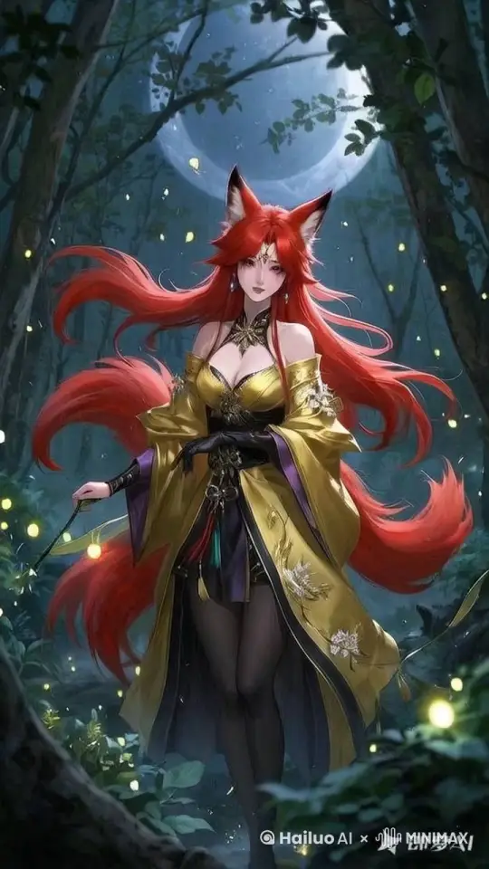 一位身姿婀娜的狐妖，站立在幽静的月光森林中，她有着火红如焰的皮毛，九条蓬松的尾巴随风舞动。狐妖的眼眸犹如深邃的紫水晶，闪烁着神秘的光芒，嘴角微微上扬，露出狡黠而迷人的微笑。她身着一袭华丽的金色丝绸长袍，上面绣着精美的花纹，周围飞舞着闪烁的萤火虫，画面呈现 32K 高清画质 by Hailuo AI Video Generator