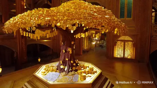 这张图片展示了一棵华丽的金色发财树，位于一个装饰华丽的室内环境中。发财树的树干粗壮，呈现出深褐色和金色的纹理，树枝向四周伸展，每根树枝上都挂满了金色的元宝。这些元宝形状的装饰物在树的各个部分闪烁着光芒，仿佛在散发出财富的气息。
 
树的底部有一个八角形的基座，基座上堆满了各种珍宝，包括更多的金色元宝、珠宝和其他贵重物品。基座的设计非常精致，表面有复杂的几何图案，进一步突显了财富和繁荣的主题。大量金元宝金铜钱从树上落下。
 
背景是一个富丽堂皇的室内场景，墙壁和天花板上装饰着复杂的雕刻和金色的装饰，散发出温暖的光芒。背景中可以看到多层的建筑结构，每层都有精美的栏杆和窗户，窗户内透出柔和的灯光，营造出一种神秘而奢华的氛围。
 
整个画面充满了财富和繁荣的象征，金色的色调和华丽的装饰让人联想到富足和好运。画面传达出一种梦幻般的感觉，仿佛进入了一个充满宝藏和奇迹的神秘世界。 by Hailuo AI Video Generator