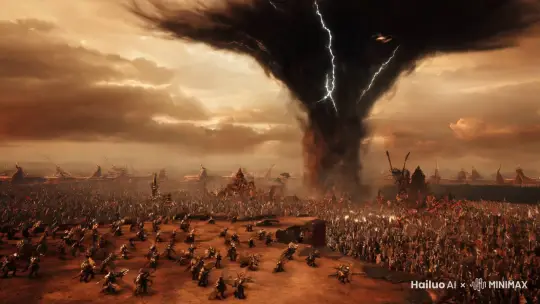 An epic drone shot of an apocalyptic battlefield from high-angle. Tiny soldiers and demons from Hindu mythology being pulled towards a big, humongous dark tornado with streaks of lightning. Heavy wind flowing. Dark brown and orange color palette. --chaos 20 --ar 16:9 --style raw --stylize 600 --v 6.1 by Hailuo AI Video Generator