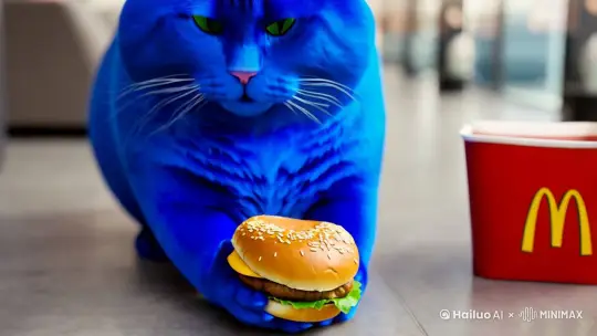 一个很蓝很蓝的大肥猫在吃麦当劳 by Hailuo AI Video Generator