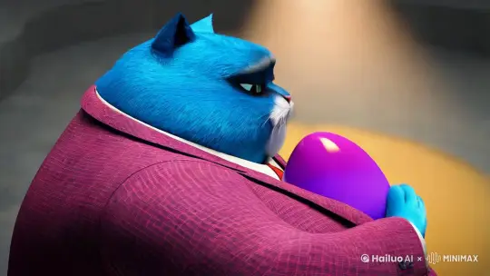 肥胖的蓝色胖猫穿着西装手捧着一颗紫色的大蛋 by Hailuo AI Video Generator
