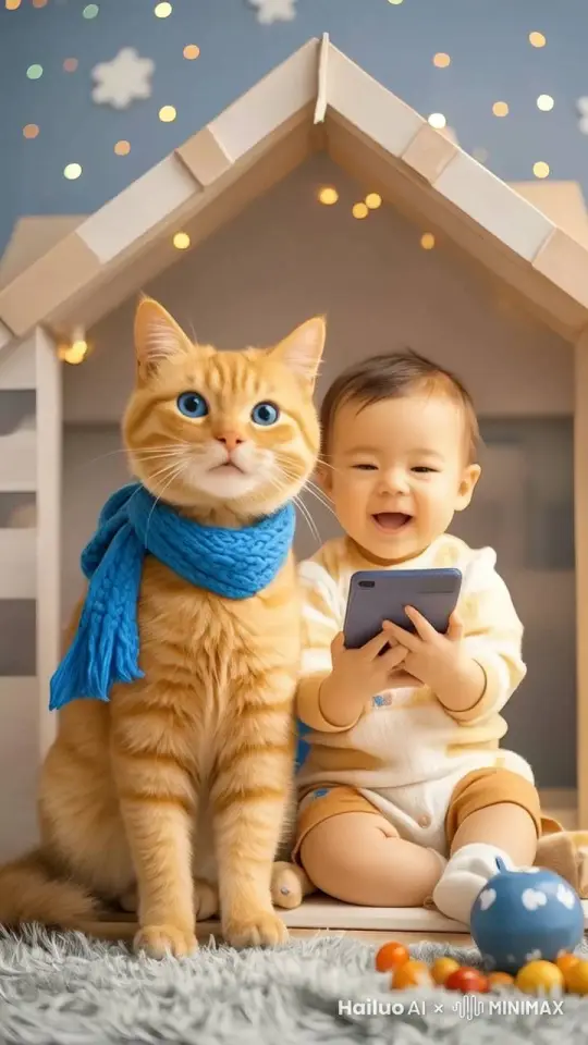 猫和宝宝看一下手机哈哈大笑， by Hailuo AI Video Generator