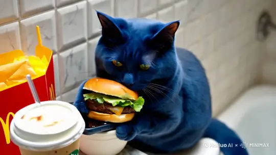 一只蓝色的胖猫在厕所里吃麦当劳喝星巴克，玩手机上厕所 by Hailuo AI Video Generator