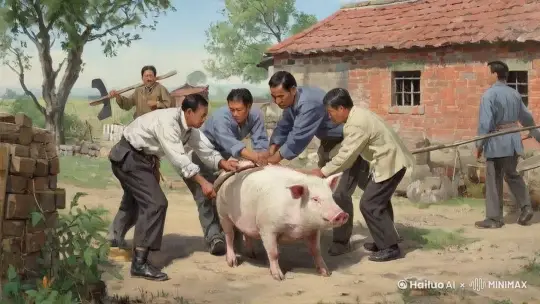 画面里的人和人打架，猪和人打架 by Hailuo AI Video Generator