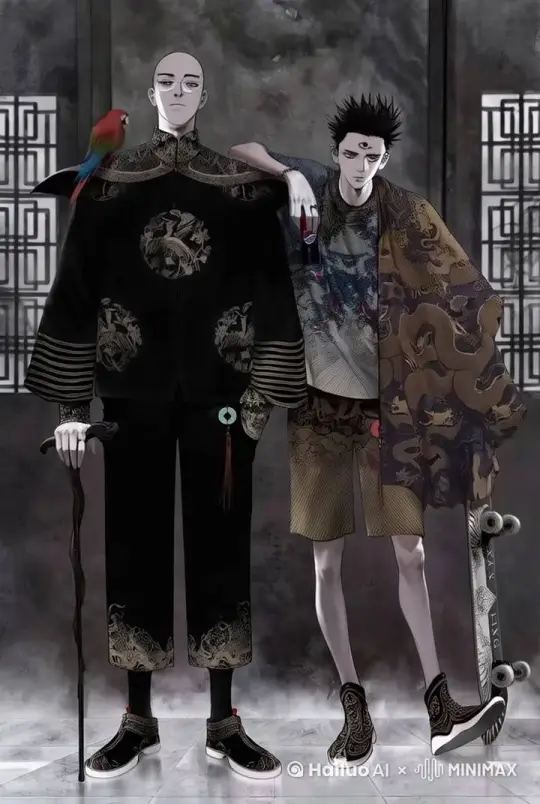 黑衣服的人摘下眼镜，两人深情对视，又同时看向前方微笑 by Hailuo AI Video Generator