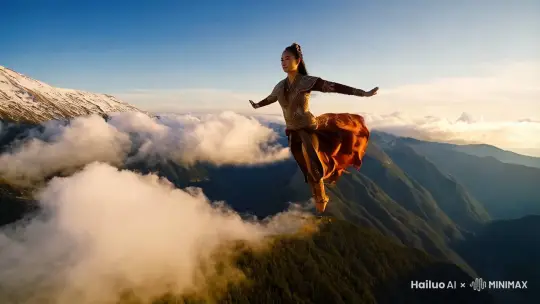 一个古装美女，在天空飞翔，下面是云彩和连绵起伏的高山 by Hailuo AI Video Generator