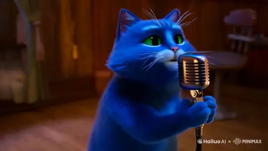 一只蓝色的猫拿着话筒唱歌 by Hailuo AI Video Generator