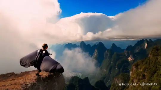 描述：女主翼装俯瞰壮阔的华夏大地，风起云涌，群山绵延，九州大地在狂风中展现出气势磅礴的景象，天空中卷起巨大的云浪，快速飞行 by Hailuo AI Video Generator
