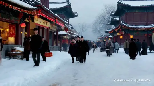 民国时期的老北京前门大街上大雪纷飞，路上商铺张灯结彩，生意红火好不热闹，路上人来车往一片繁忙，一个拉洋车的小伙子由远而近跑到一个馄饨摊前要了一碗热气腾腾的馄饨。 by Hailuo AI Video Generator