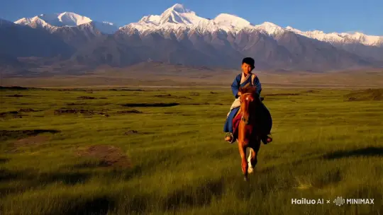 藏族小男孩骑着马在草原上驰骋，周边有雪山。 by Hailuo AI Video Generator