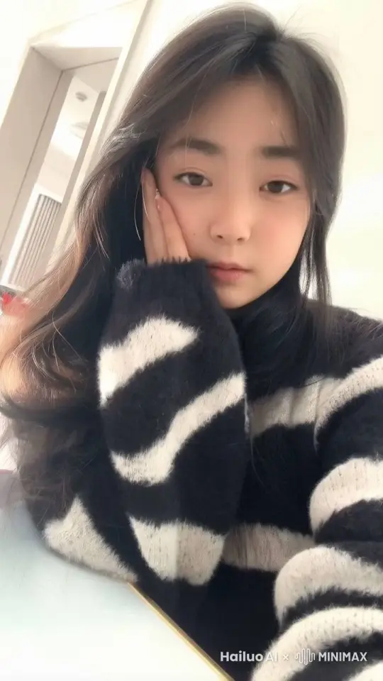一位少女手轻轻抚摸自己的脸庞，羞涩的笑，嘴里说“我爱你” by Hailuo AI Video Generator