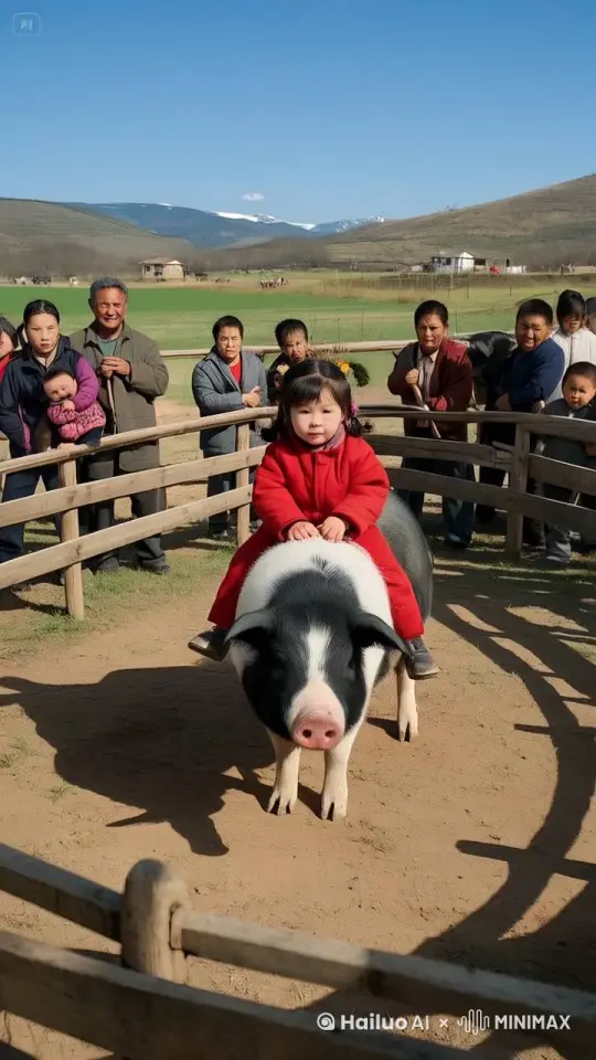 镜头移动，母猪在场地中上窜下跳、疯狂跑动，小女孩紧紧骑在母猪身上 by Hailuo AI Video Generator