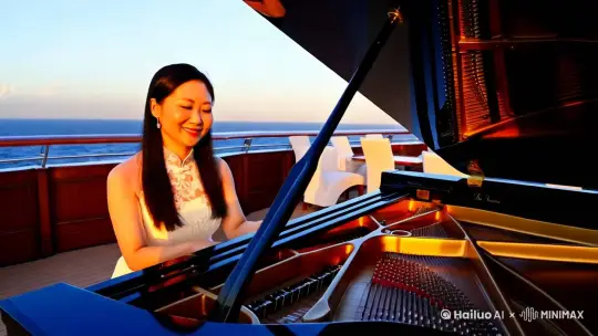 一个美丽和蔼的中国女人在一艘邮轮上弹一曲名叫四季的钢琴曲 by Hailuo AI Video Generator