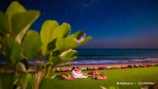 夏日  海边  星空  草坪  花儿 by Hailuo AI Video Generator