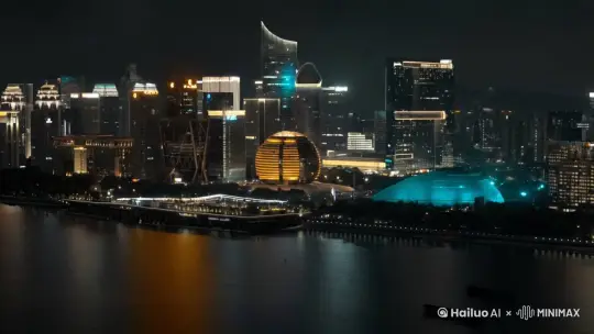 赛博朋克城市夜景航拍, 高楼上闪烁着海洋以及亚特兰蒂斯元素主题的霓虹灯, 镜头拉远 by Hailuo AI Video Generator