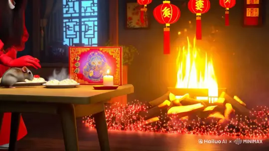 温暖的壁炉里火焰跳跃，整个房间被橙色的火光和闪烁的春节庆祝灯光照亮。桌子上摆放着两盘中国饺子，旁边是一只点燃的蜡烛，一个人戴着红色的手套正在专注地拼着一幅中国春节主题的拼图。一只小仓鼠好奇地站在拼图旁边。镜头聚焦在小仓鼠身上，它的小鼻子嗅着拼图，眼睛里充满了好奇，似乎在研究拼图上的图案。人戴着红色手套的手拿起一块拼图，准确地放在拼图的空缺处，拼图的图案逐渐清晰，展现出一个中国山海经中饕鬄的形象。镜头拉远，展示整个温馨的房间，壁炉里的火焰依旧燃烧，房间内庆祝春节的灯光闪烁，人和仓鼠在温暖的氛围中享受着宁静的冬日时光。电影级画质 8K 高分辨率  3D质感 疯狂的细节 by Hailuo AI Video Generator