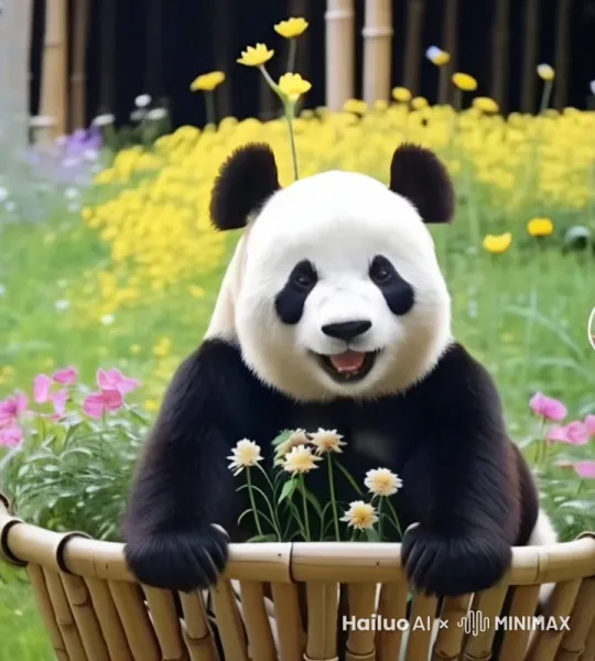 大熊猫朝着镜头挥舞手臂，脸上是开心的笑容。 by Hailuo AI Video Generator
