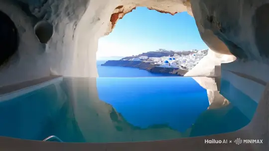 镜头由近到远，从白色洞穴中的无边泳池到美丽的圣托里尼全景 by Hailuo AI Video Generator