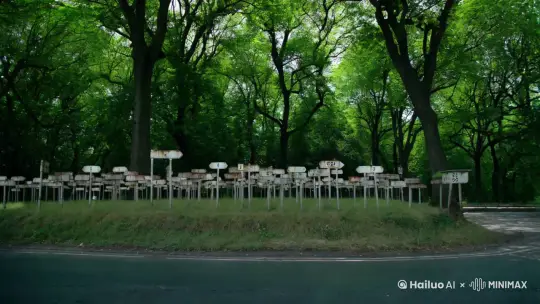 地点位于一个空无一人的路边，时间是夏天，四周是参天的梧桐树，无处不在的树叶使整幅画面都呈现出绿色。画面正中间有一个小土包，小土包上面覆盖着草地，小土包的草地上密密麻麻放置着很多很多公交站牌（至少几十个）每个公交站牌上都写着不同的数字。整幅画面在寂静中透露出一丝难以言表的恐怖 by Hailuo AI Video Generator