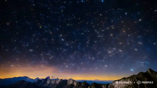 生成一个科技感星空，上半部分是星空，下半部分是山脉，星空和山脉之间有夏光，星空是旋转的。 by Hailuo AI Video Generator