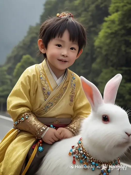 以下是将这张照片变成视频的提示词：

可爱的小孩穿着华丽的古装，骑在同样装饰华丽的白兔上，置身于古代繁华的街道。小孩脸上露出呆萌的笑容，白兔耳朵竖起，眼睛圆睁，显得十分可爱。街道两旁是古色古香的建筑，商贩们在叫卖，人群熙熙攘攘，充满热闹的氛围。阳光洒在他们身上，营造出温馨、欢快的场景。小孩和白兔在街道上缓缓前行，小孩不时好奇地张望四周，白兔则蹦蹦跳跳地前进。 by Hailuo AI Video Generator
