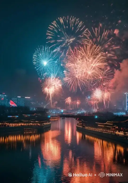 让图片更加生动，烟花效果梗有魅力，水中倒影更加真实 by Hailuo AI Video Generator