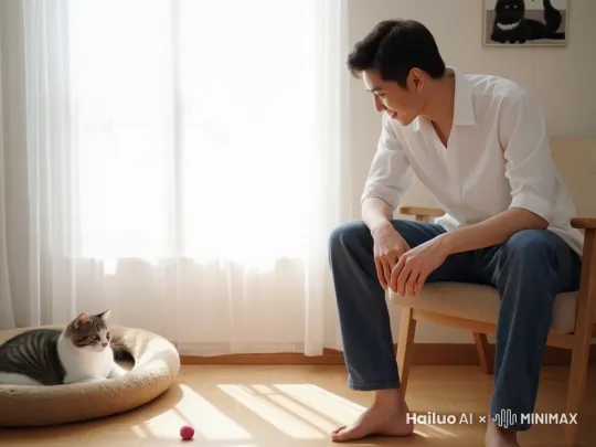 小猫那小巧玲珑的耳朵轻轻抖动着,就像两片敏感的小树叶,捕捉着周围细微的动静,每次抖动带动着耳尖的绒毛也跟着轻轻晃悠。脑袋微微歪向一侧,动作缓慢又自然,仿佛在思考着什么,歪头的同时,粉嫩的舌头偶尔会探出嘴巴,轻轻舔一下下嘴唇,舌尖上细小的纹理似乎都能看得一清二楚,湿润的舌头在嘴唇上留下浅浅的水渍。男人则微微转动着头,颈部的肌肉自然地拉伸,带动着下巴也跟着微微挪动,眼神始终紧紧聚焦在小猫身上,眼神里满是宠溺,眼皮会随着视线的聚焦而微微眯起,又不时地自然睁开,确保不错过小猫的任何一个可爱模样 by Hailuo AI Video Generator