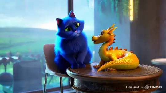 一直蓝色的猫和一只黄色的龙在讨论麦当劳 by Hailuo AI Video Generator