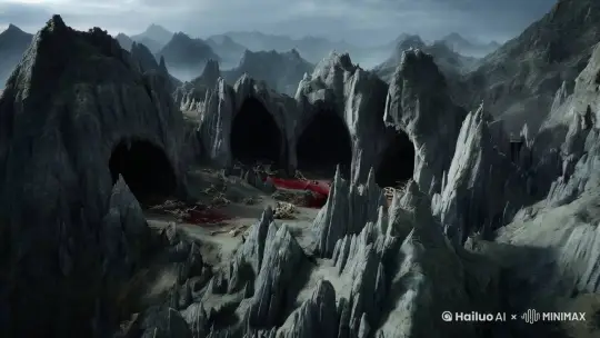• 主体描述：狮驼岭怪石嶙峋，山体仿若狰狞巨兽，崖壁上森然矗立着三座魔窟，洞口黑黝黝仿若无尽深渊，周围白骨累累，有巨型兽骨、人类残骸随意散落。
• 运动：寒风呼啸着卷过，残叶与灰尘被高高扬起，似有诡异力量在操纵。一群吸血蝙蝠从魔窟中轰然飞出，遮天蔽日，在空中无序盘旋，发出尖锐嘶鸣。
• 场景描述：谷底毒雾弥漫，缓缓翻腾涌动，偶尔露出几处血池，里面咕噜咕噜冒着泡，散发刺鼻血腥味。四周荆棘疯狂生长，扭曲缠绕，上面尖刺寒光闪烁。
• 镜头语言：镜头从高空俯瞰，展现狮驼岭全貌，随后急速拉近，聚焦到魔窟洞口，再切换至特写，呈现白骨上的咬痕与干涸血迹。
• 光影：阴沉灰暗的天空，仅有几缕微光艰难穿透厚重云层，投下惨淡光线，在嶙峋怪石上形成诡异阴影，魔窟内不时闪过幽绿鬼火，转瞬即逝。
• 氛围：死寂中透着彻骨寒意，浓烈的恐怖与绝望气息扑面而来，仿佛世间一切生机在此被吞噬，只剩邪恶与荒芜。 by Hailuo AI Video Generator