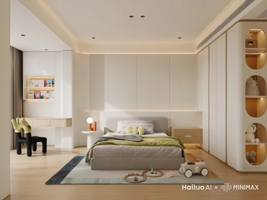 一个男孩在床边地上玩玩具 by Hailuo AI Video Generator