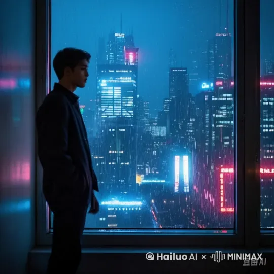 窗外下着雨，一会画面右侧出现一个长发女生，衣着同样的色系风格，走过来跟男生拥吻 by Hailuo AI Video Generator