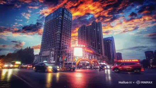 车水马龙的街景，天空自然一点，镜头不用移动，电影级画面，胶片质感 by Hailuo AI Video Generator