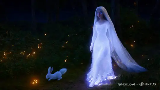 深夜里，梦幻的森林中，明亮的月光使森林中的树木花草披上一片银光。一个长着银白色长发，深蓝色眼睛，相貌极美，如仙子般的女精灵，身披白色轻莎在林中漫步。萤火虫在她身边飞舞，小白兔在前边奔跑，突然一只浑身雪白的长着九条尾巴的狐狸跑到她跟前，镜头从女精灵身上转到九尾狐，只见它抬头对着她微笑，睛散发着血红的光芒，眼摄人心魄 by Hailuo AI Video Generator