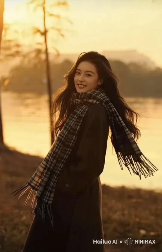 以下是一个5秒视频的联想：
 
女子站在户外，暖色调的光洒在她身上。她缓缓地抬起手，轻触自己的围巾，黑色长发随风轻轻摆动，然后她慢慢地转头，目光看向远方。整个场景充满了宁静与文艺的气息。 by Hailuo AI Video Generator