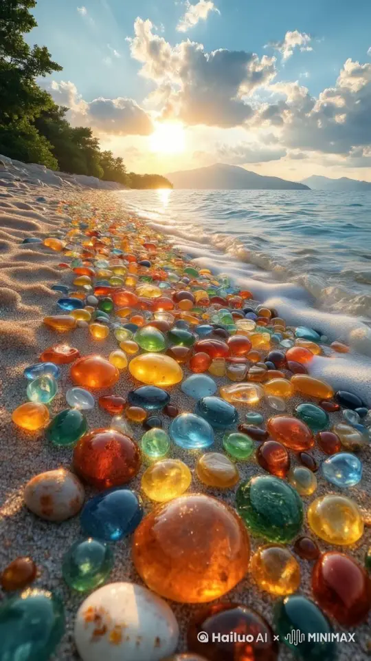 TT,this vibrant photograph captures a stunning beach at sunset,where smooth sea glass pebbles of all colors?red,orange,blue,green,and yellow?are scattered on the golden sand,the sun,low over the calm,azure sea,casts a warm,golden glow that accentuates the textures and colors of both the stones and the landscape,in the background,a tree-lined shoreline adds a touch of greenery,while distant hills and mountains bask in the lingering light,the sky shows a mix of gentle clouds,with the setting sun creating radiant rays that enhance the serene and picturesque scene, by Hailuo AI Video Generator