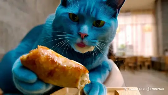 一只蓝色的猫涂着口红，拿着撸着豆浆的鸡肉卷喂给老大吃，老大一边走，一边露出牛奶 by Hailuo AI Video Generator