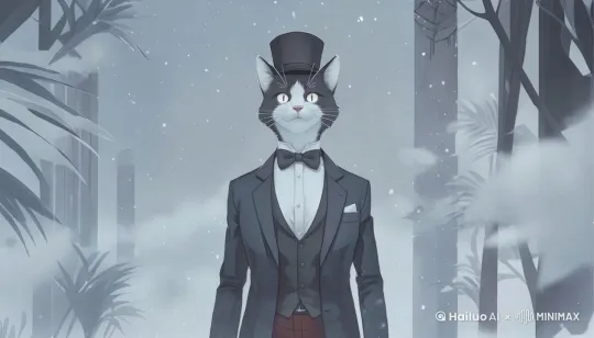 画面中的猫张口说话，雪花在飘落，镜头渐渐推进。 by Hailuo AI Video Generator