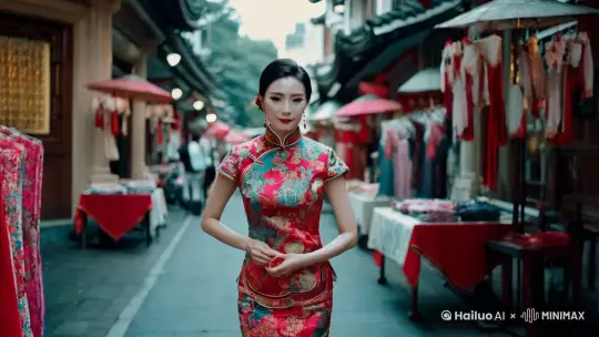为了生活所迫的美丽旗袍美女，卖自己做出的漂亮旗袍 by Hailuo AI Video Generator