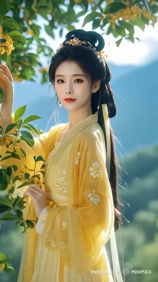 桂花飘香，一个汉服女子正在闻桂花香 by Hailuo AI Video Generator