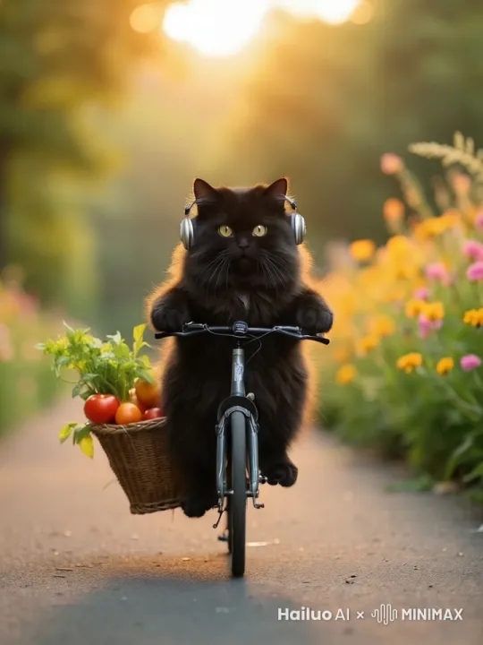 镜头跟着一只胖胖的骑着自行车的黑色猫咪移动，猫咪的头随着音乐左右摆动 by Hailuo AI Video Generator